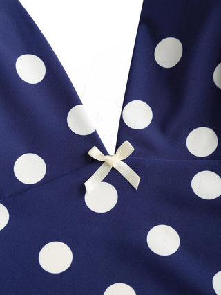 Deep Blue Polka Dot Bowknot Halter Tied Back Tankini Top