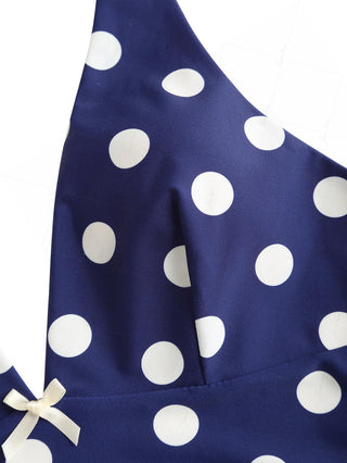 Deep Blue Polka Dot Bowknot Halter Tied Back Tankini Top