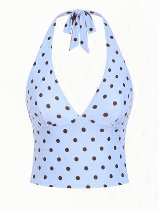 Sky Blue Polka Dot Halter Tied Back Reversible Tankini Top