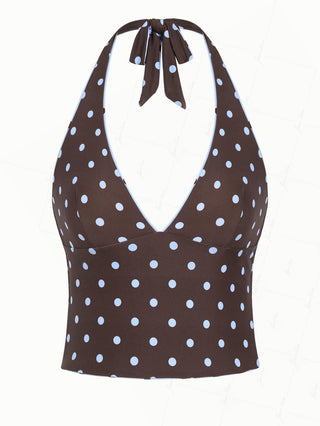 Sky Blue Polka Dot Halter Tied Back Reversible Tankini Top