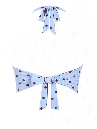Sky Blue Polka Dot Halter Tied Back Reversible Tankini Top