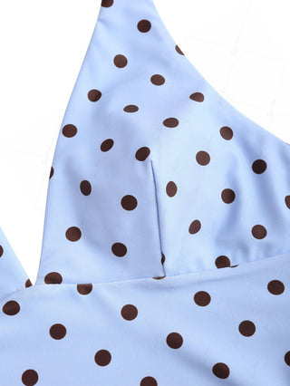 Sky Blue Polka Dot Halter Tied Back Reversible Tankini Top