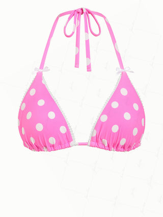 Hot Pink Polka Dot Lace Bowknot Halter Triangle Bikini Top