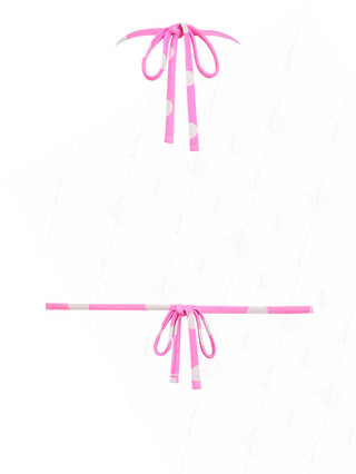 Hot Pink Polka Dot Lace Bowknot Halter Triangle Bikini Top
