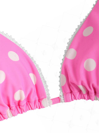 Hot Pink Polka Dot Lace Bowknot Halter Triangle Bikini Top