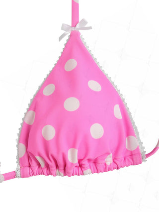 Hot Pink Polka Dot Lace Bowknot Halter Triangle Bikini Top