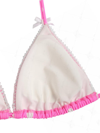 Hot Pink Polka Dot Lace Bowknot Halter Triangle Bikini Top