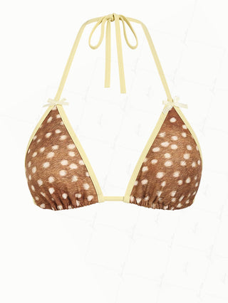 Brown Deer Print Bowknot Contrast Binding Triangle Bikini Top