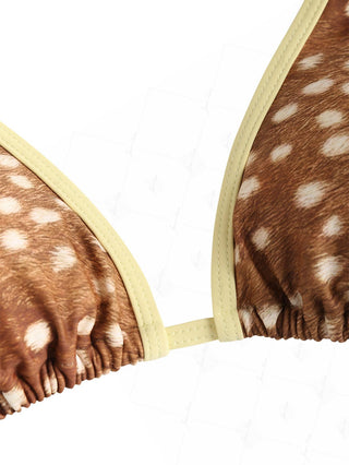 Brown Deer Print Bowknot Contrast Binding Triangle Bikini Top