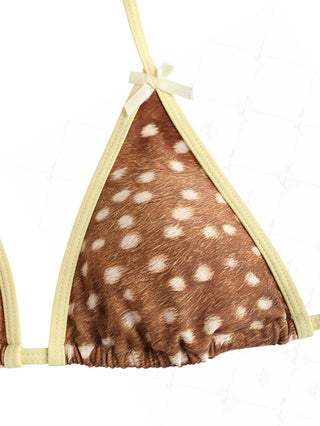 Brown Deer Print Bowknot Contrast Binding Triangle Bikini Top