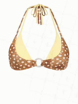 Brown Deer Print Contrast Color O Ring Double Layer Bikini Top