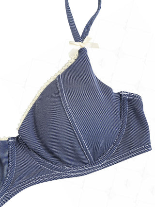 Deep Blue Denim Lace Bowknot Underwire Bikini Top