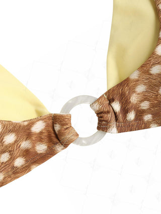 Brown Deer Print Contrast Color O Ring Double Layer Bikini Top