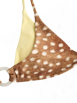 Brown Deer Print Contrast Color O Ring Double Layer Bikini Top