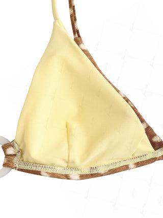 Brown Deer Print Contrast Color O Ring Double Layer Bikini Top