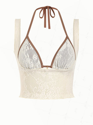 Crystal Cream Lace Low Cut Two-way Crop Tank Top