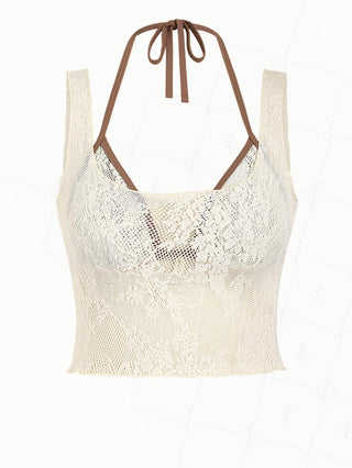 Crystal Cream Lace Low Cut Two-way Crop Tank Top