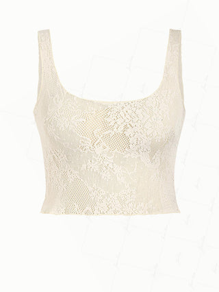 Crystal Cream Lace Low Cut Two-way Crop Tank Top