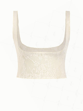 Crystal Cream Lace Low Cut Two-way Crop Tank Top