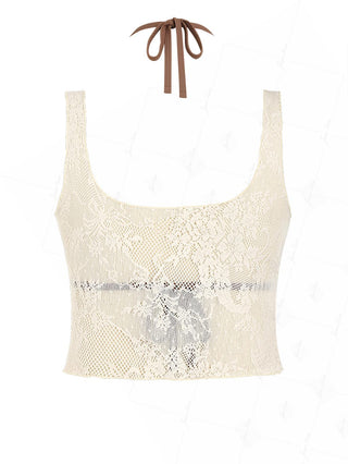 Crystal Cream Lace Low Cut Two-way Crop Tank Top