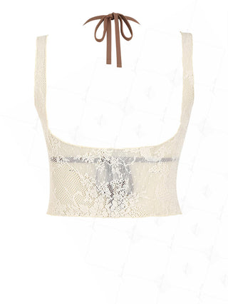 Crystal Cream Lace Low Cut Two-way Crop Tank Top