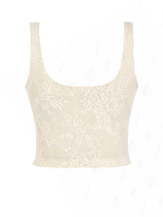 Crystal Cream Lace Low Cut Two-way Crop Tank Top