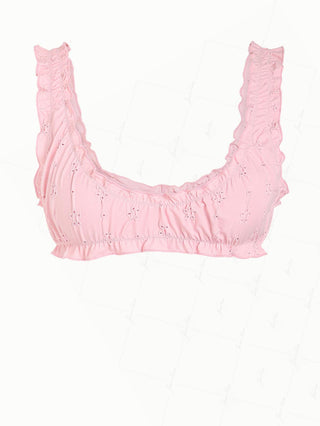 Pink Recycled Fabric Jacquard Ruffles Edge Bralette Bikini Top