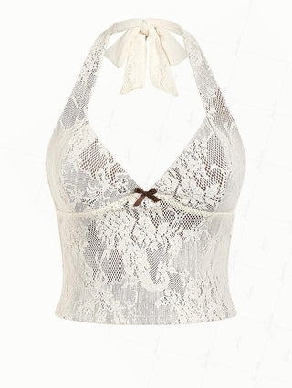 Crystal Cream Lace Bowknot Deep V Neck Halter Tankini Top
