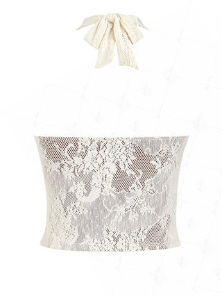 Crystal Cream Lace Bowknot Deep V Neck Halter Tankini Top