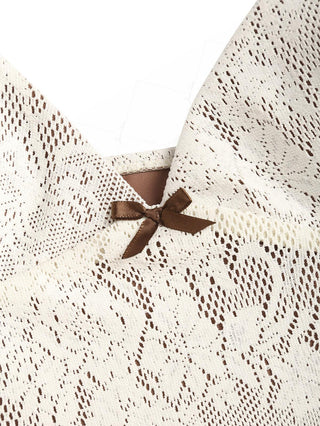 Crystal Cream Lace Bowknot Deep V Neck Halter Tankini Top