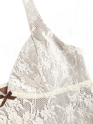 Crystal Cream Lace Bowknot Deep V Neck Halter Tankini Top