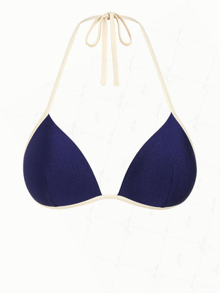 Deep Blue Contrast Binding Halter Triangle Push Up Bikini Top