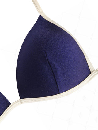 Deep Blue Contrast Binding Halter Triangle Push Up Bikini Top