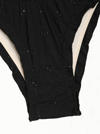 Black Recycled Fabric Jacquard Ruffles Edge Cheeky Bikini Bottom