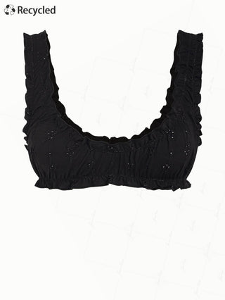 Black Recycled Fabric Jacquard Ruffles Edge Bralette Bikini Top