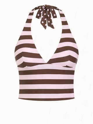 Pink Striped Polka Dot Halter Tied Back Reversible Tankini Top