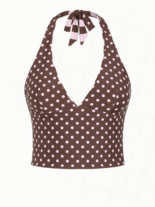 Pink Striped Polka Dot Halter Tied Back Reversible Tankini Top