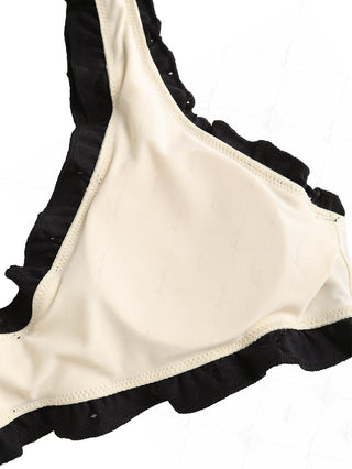 Black Recycled Fabric Jacquard Ruffles Edge Bralette Bikini Top