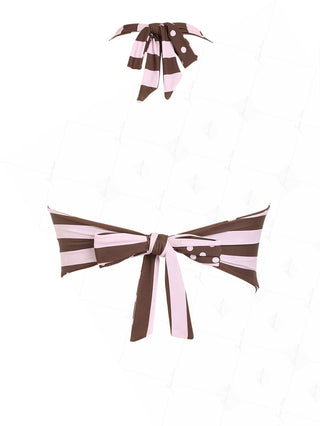 Pink Striped Polka Dot Halter Tied Back Reversible Tankini Top