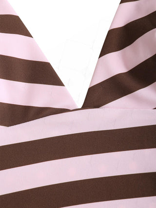 Pink Striped Polka Dot Halter Tied Back Reversible Tankini Top