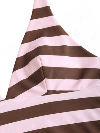Pink Striped Polka Dot Halter Tied Back Reversible Tankini Top