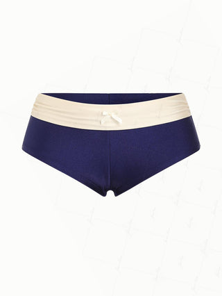 Deep Blue Colorblock Ruched Bowknot Foldover Bikini Bottom Cheeky Swim Boyshorts
