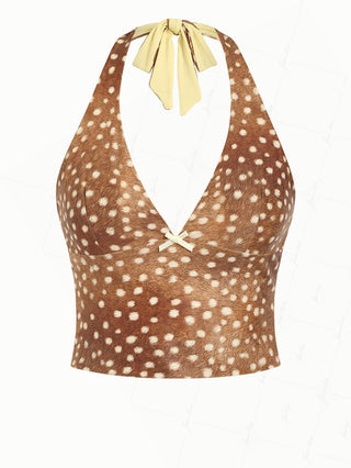 Brown Deer Print Bowknot Halter Tied Back Reversible Tankini Top
