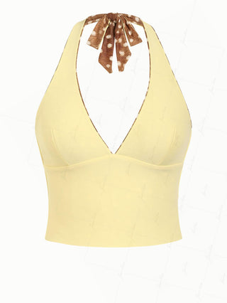 Brown Deer Print Bowknot Halter Tied Back Reversible Tankini Top