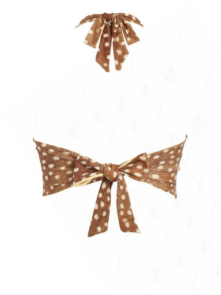 Brown Deer Print Bowknot Halter Tied Back Reversible Tankini Top