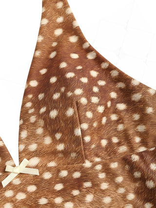 Brown Deer Print Bowknot Halter Tied Back Reversible Tankini Top