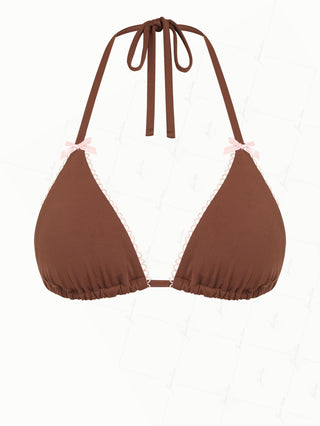 Coffee Contrast Picot Bowknot Halter Triangle Bikini Top