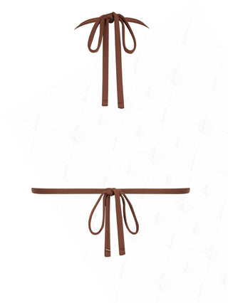 Coffee Contrast Picot Bowknot Halter Triangle Bikini Top