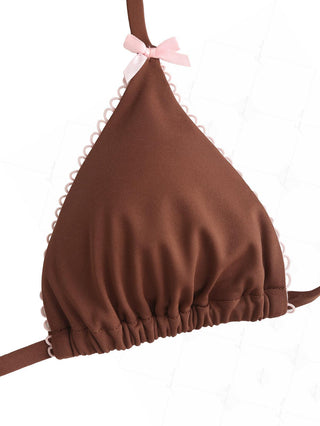 Coffee Contrast Picot Bowknot Halter Triangle Bikini Top