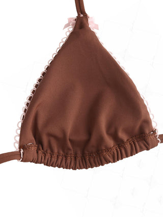 Coffee Contrast Picot Bowknot Halter Triangle Bikini Top